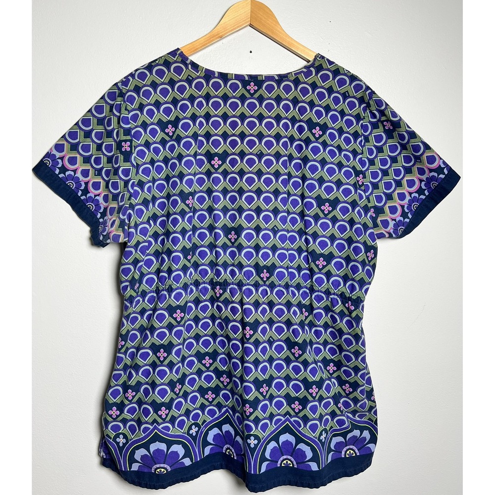 Koi by Kathy Peterson Womens Scrub Top Purple Green Geometric Comfy Cotton 2X - Picture 7 of 11